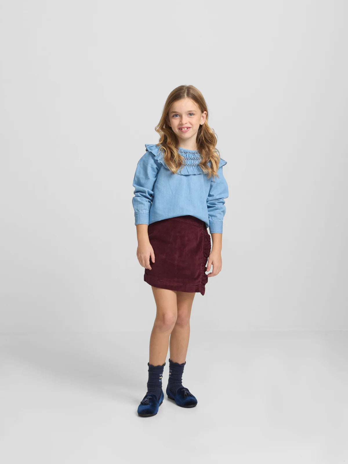 FALDA VOLANTE PANA GRANATE