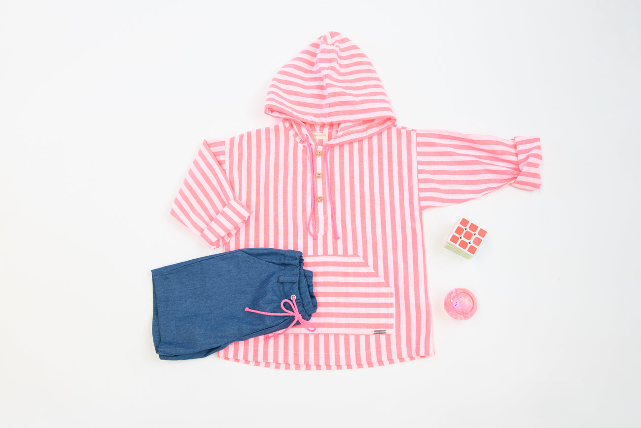 CAMISA CAPUCHA RAYAS FLUOR ROSA